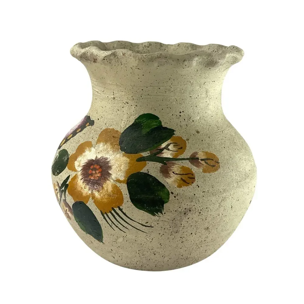 Vintage Hand Painted Pottery Vase Butterfly Floral Folk Art Scalloped Rim 6”